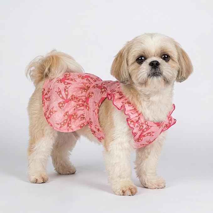 Fitwarm Ruffle Sleeves Bowknot Dog Dress, Birthday Clothes for Small Dogs Girl, Pet Outfit, Pink, Medium