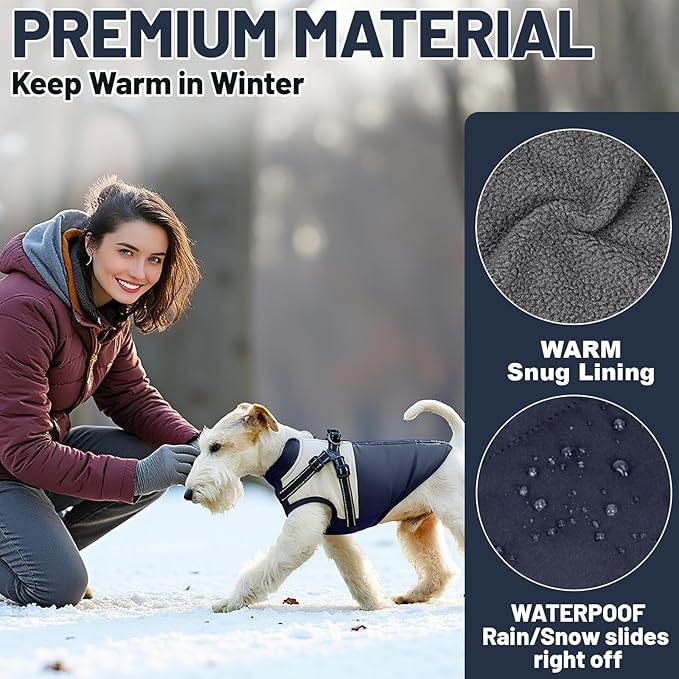 Dog Winter Coat for Small & Medium Dogs, Waterproof Dog Coat with Harness, Puppies Windproof Puppy Puffer Jacket, Snowsuit for Dachshund, Frenchie, Corgi (Classic Blue,XL)