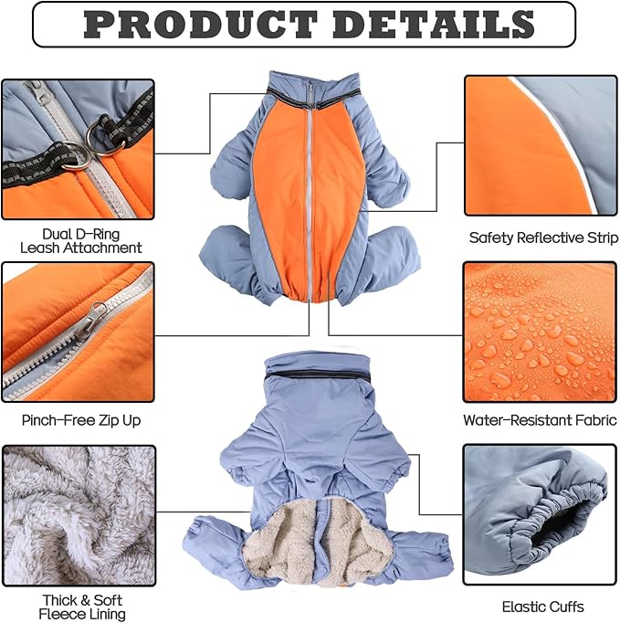 Dogs Thick Warm Winter Coat, Windproof Zip Up Dog Snow Jacket, Fleece Lined Reflective Fullbody Snowsuit for Medium Large Dogs, HazeBlue,28
