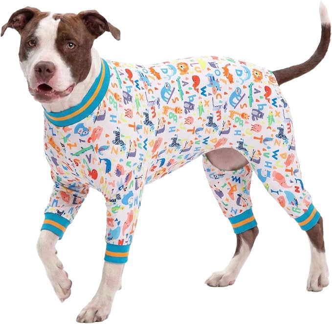 LovinPet Extra Large Dog Onesie for Surgery Male - Undershirt for Dog Hoodies, Lightweight Stretchy Flannel Fabric, White Noah's Ark Alphabet Print, Big Dog Jammies,Uv Protection, Easy to Wear,3XL