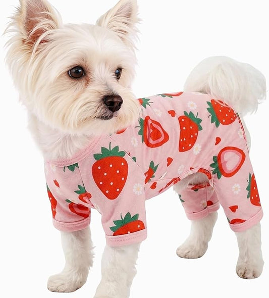 Dog Pajamas Spring Summer Dog Clothes for Small Dogs Strawberry Print Girl Boy Cute Soft Puppy Pjs Clothes Doggie Onesies Cat Pet Jammies Outfit(Strawberry,XS)