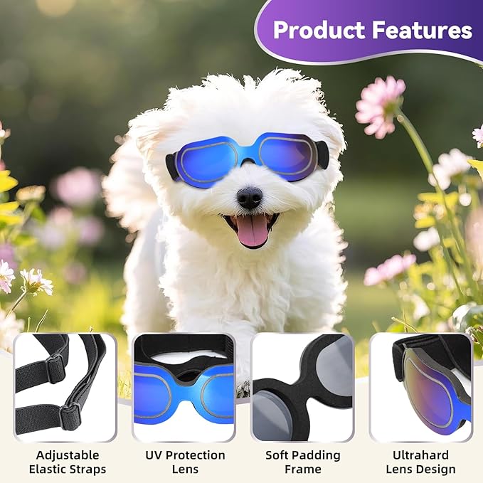 Enjoying Dog Sunglasses Small Breed, Dog Goggles UV Protection, Cycling Eye Protection for Small Dogs, Lightweight Windproof Dustproof Anti-Fog, Adjustable Straps, Bright Blue