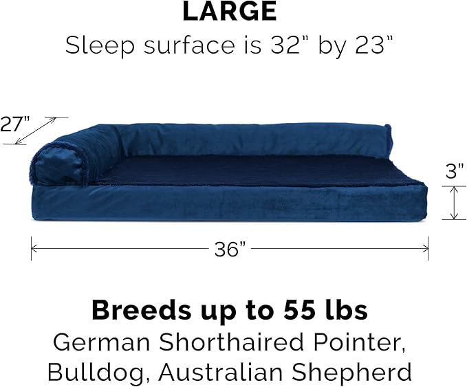 Furhaven Replacement Dog Bed Cover Plush & Velvet L Shaped Chaise, Machine Washable - Deep Sapphire, Large