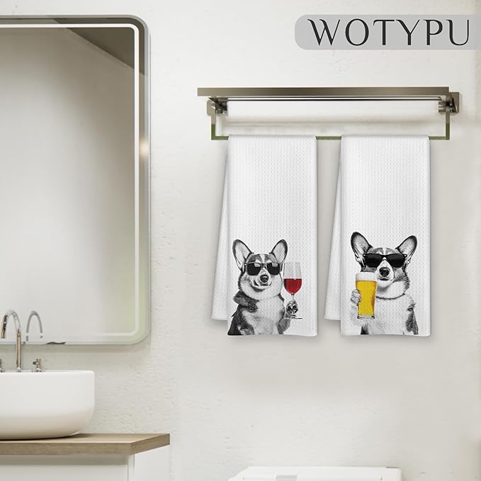 Funny Corgi Kitchen Bar Towels, Corgi Gifts for Corgis Lovers, Wine Beer Lovers Gifts Decorative Hand Towels for Kitchen Bar Cart Decor, 16x24 Inch Set of 2