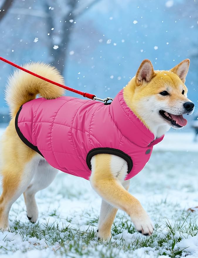 AURUZA Dog Winter Coat, Warm Waterproof Dogs Jacket Small Pet Vest for Medium Dogs Windproof Pet Fleece Vest Snow Jacket for Cold Weather(Hot Pink,L)