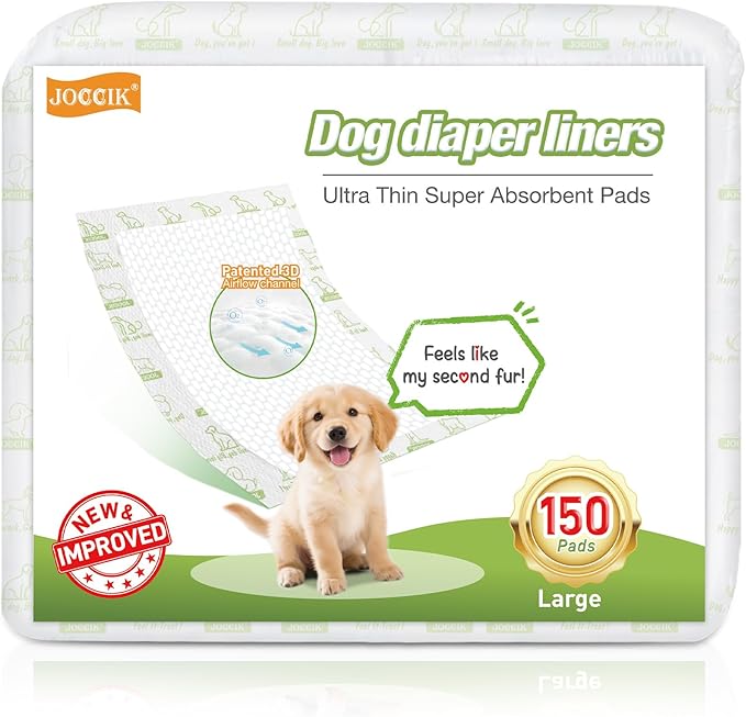 Dog Diaper Liners, 150 Count, Super Absorbent Booster Pads for Male and Female Dogs, Ultra-Thin and Breathable, Long