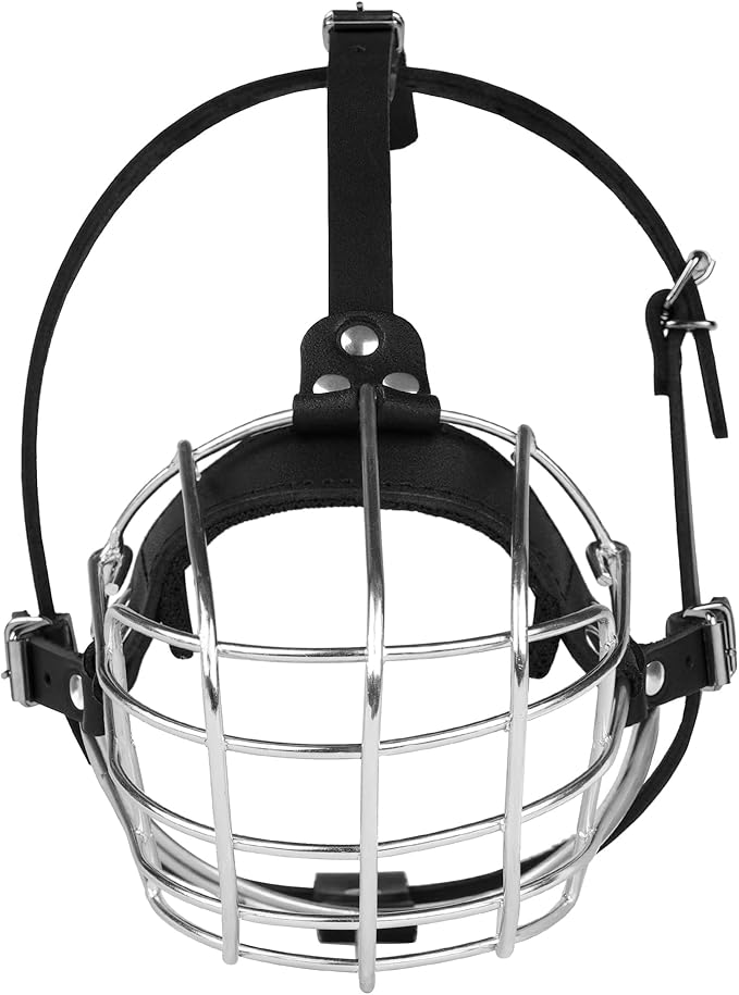 Pitbull Dog Muzzle Metal Mask Amstaff Secure Wire Basket Adjustable Durable Leather Straps for Large Dogs (Steel)