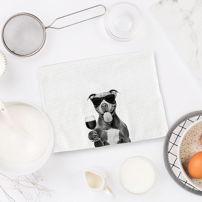 Pitbull Gifts Wine Kitchen Towels Set of 2, Gifts for Pit Bull Dog Wine Lovers Decorative Hand Dish Towel for Kitchen Home Bar, Funny Pitbull Dog Beer Lover Home Bar Cart Decor(16x24 Inch)