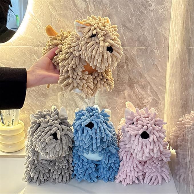 Chenille Hand Towel - Cute Cartoon Dog Plush Fuzzy Ball Hand Towel, Super Absorbent Hanging Kitchen & Bathroom Towels for Kids, Soft Hand Drying Puff for Bath, Washstand (Green)