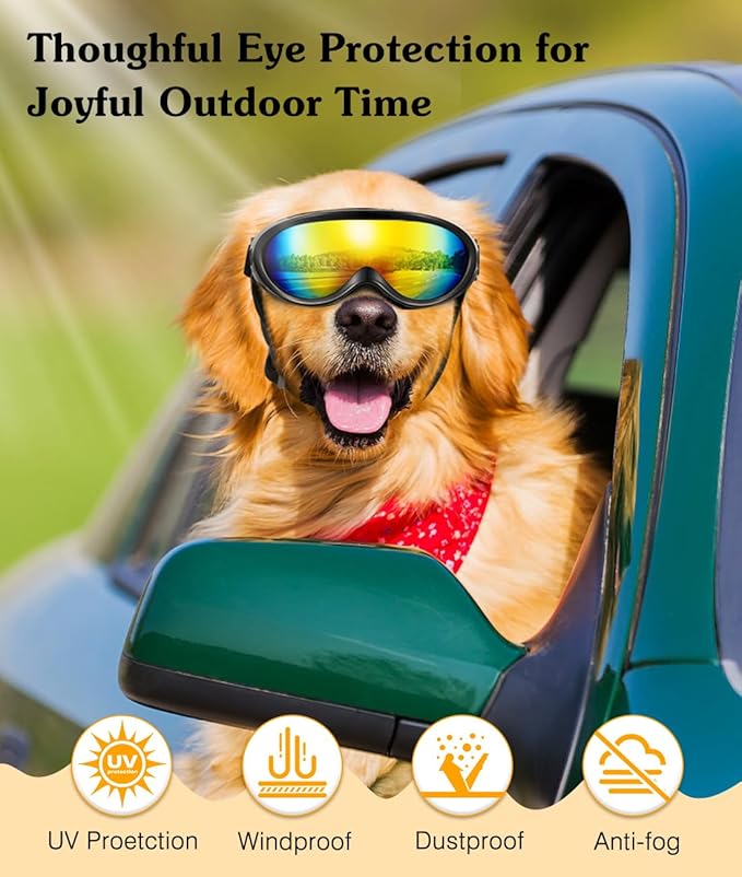 Lewondr Dog Goggles Medium Large Breed, Dog Sunglasses with Adjustable Straps and Soft Sponge Pad, UV/Wind/Dust/Fog/Snow Dog Eye Protection Sunglasses for Outdoor Driving Riding, Black