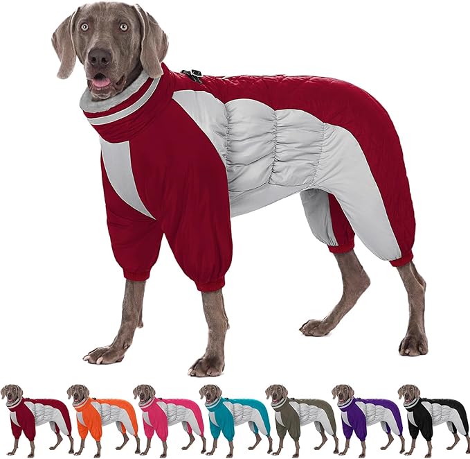 AOFITEE Fullbody Dog Coat Warm Fleece Dog Jacket, Windproof Dogs Winter Coat with Harness Built in, Reflective Turtleneck Dogs Snowsuit Puffer Jacket, Four Legged Pet Snow Suit, Christmas Red XXXL
