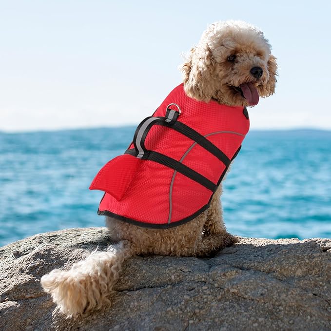 Queenmore Small Dog Life Jacket,Shark Dog Life Vest for Swimming,Puppy Light Life Preserver for Boating Kayaking Canoeing,Pet Reflective Lifesaver with High Buoyancy,Rescue Handle,Leash Hook (Red,XS)