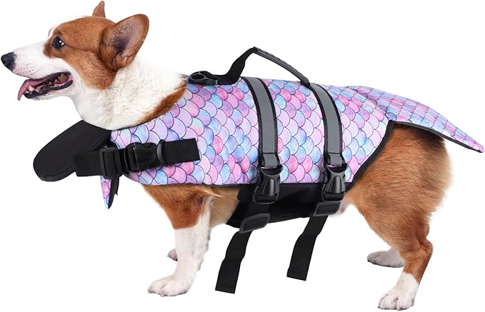 Dog Life Jacket Ripstop Pet Safety Floatation Vest Adjustable Dog Life Preserver Reflective Durable Rescue Handle Pet Lifesaver for Small Medium Large Dogs Swimming Beach Boating（Mermaid, S）