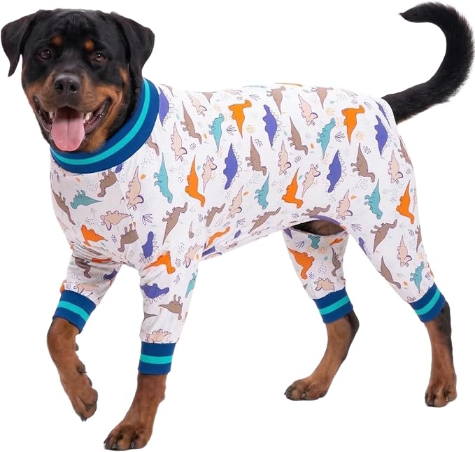 LovinPet Pitbull Pajamas for Dogs XXL Undershirt for Dog Hoodies,Dog Pajamas, Lightweight Stretchy Fabric,White Slate Mint Dinosaur Print,Uv Protection,3XL