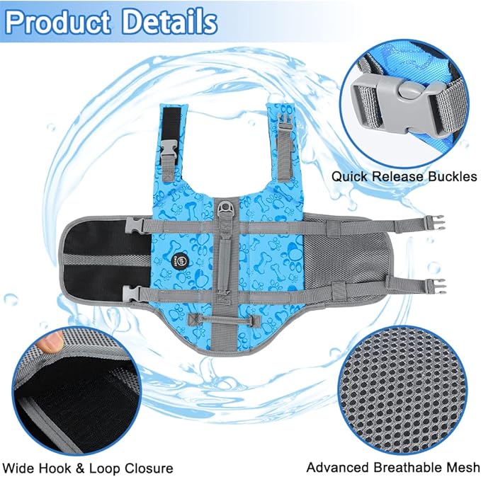 EMUST Life Jackets for Dogs, Adjustable Small/Medium/Large Dog Swim Vest for Water Safety Pet Life Vest with Rescue Handle Safety Vest for Swimming Pool Beach Boating, XL, NewBlue