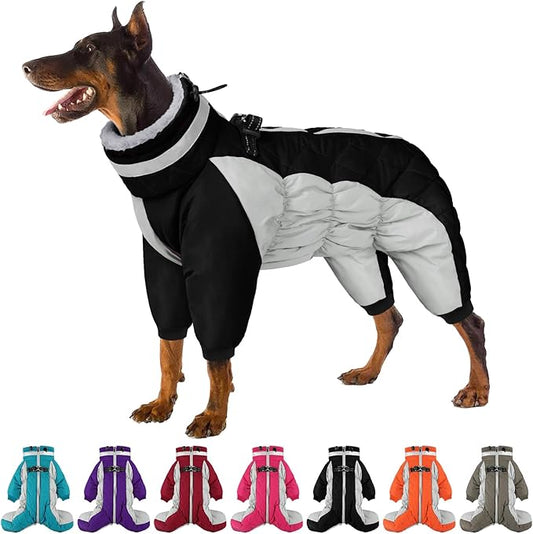 SUNFURA Full Body Dog Coat - Warm Fleece Jacket for Medium Dogs, Turtleneck Winter Coats with Harness, Reflective Dog Snowsuit Windproof Puffer Jackets with Legs for Boston Terrier, Black M