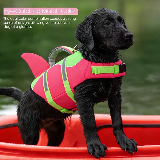 AOFITEE Dog Life Jacket, Dog Life Vest for Swimming, Shark Dogs Swimming Vest with Rescue Handle and Reflective Stripe, Ripstop Pet Float Coat Swimsuit Lifesaver Small Medium Large Dogs Hot Pink L