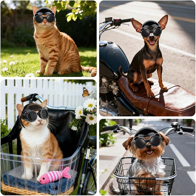 Extra Small Dog Helmet with Cute Dog Goggles, Protects Eyes & Head from Impact, Ideal for Puppy Riding/Outdoor Activities/Halloween Cosplay, Black