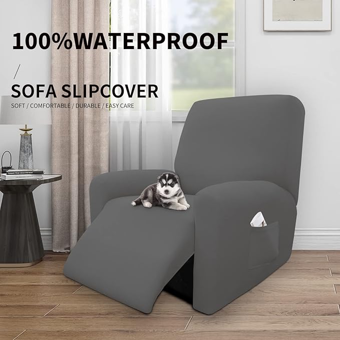 Easy-Going 4 Pieces 100% Dual Waterproof Recliner Cover Stretch Soft Couch Cover for Dogs, Sofa Slipcover for Recliner Couch Leakproof Furniture Protector for Kids, Pets Gray