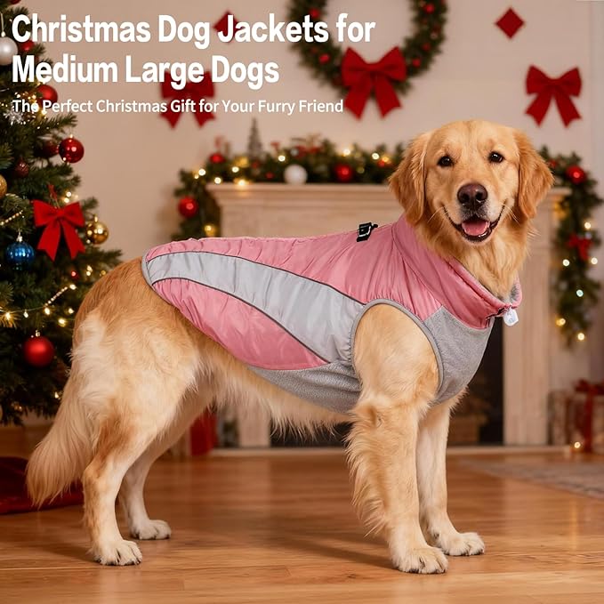 Dog Coats for Medium Dogs with Harness Built in, Waterproof Dog Jacket Warm Pet Winter Coat Snowsuit for Cold Weather, Reflective Fleece Windproof Jacket, Pink, U-LDMF02L