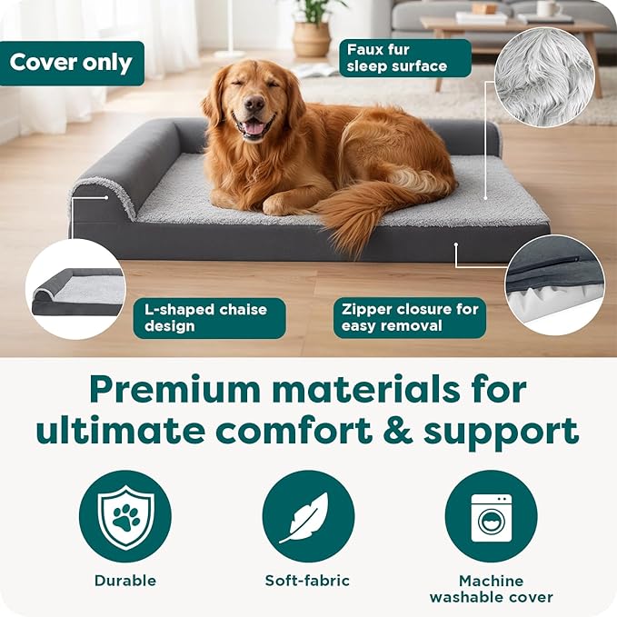 FurHaven Replacement Dog Bed Cover, Two-Tone Bed Cover for L-Shaped Chaise, Removable Washable Cover, Large, Faux Fur & Suede, Stone Gray