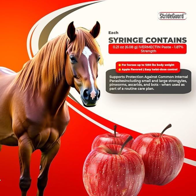 Horse Ivermectin Paste 1.87% – Apple Flavored Oral Horse Dewormer Syringe – 6.08g Tube Treats Horses Up to 1250 LB (4 Pack)