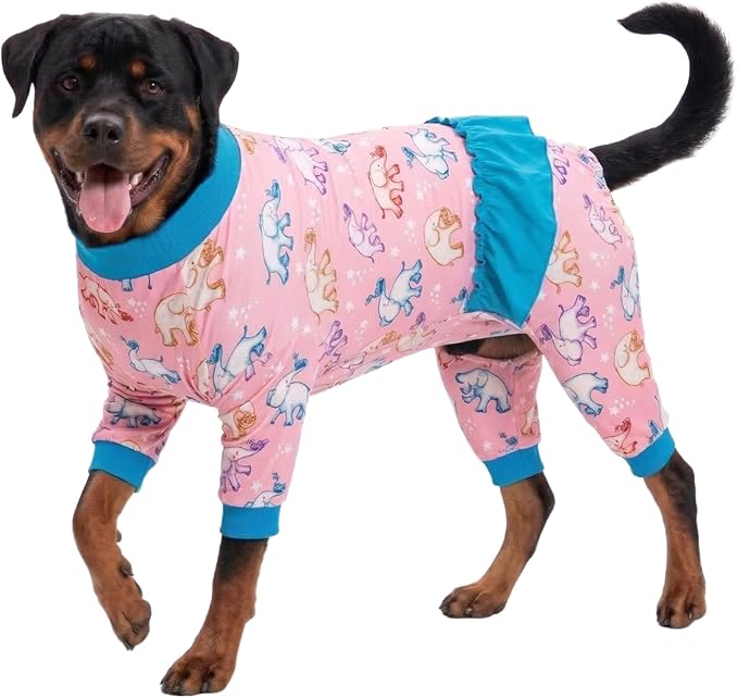 LovinPet Large Dog Onesies, High Collar Cotton Dog Bodysuit, UV Protection, Post Surgery Comfort Clothes, Lightweight Light Pink Baby Elephant Print, Pitbull Clothes, Undershirt for Dog Dresses, M