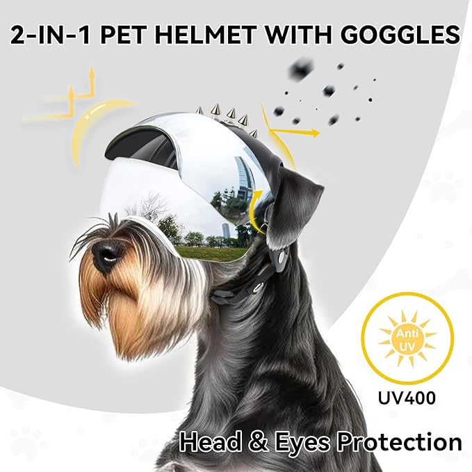 PETLESO Small Dog Helmet, Pet Motorcycle Helmet with Ear Holes, Adjustable Pet Safety Hat with Flip-Up Silver Visor, Small-Medium Puppy Heads Protection, Spiked