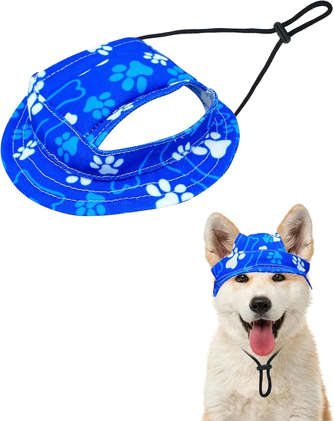 PET SHOW Dog Bucket Hat Paw Print Dog Visors for Small Doggy Cats Waterproof Outdoor Pet Sun Hats with Ear Holes Round Brim Adjustable Drawstring Boy Puppy Cap-Royal Blue/XS