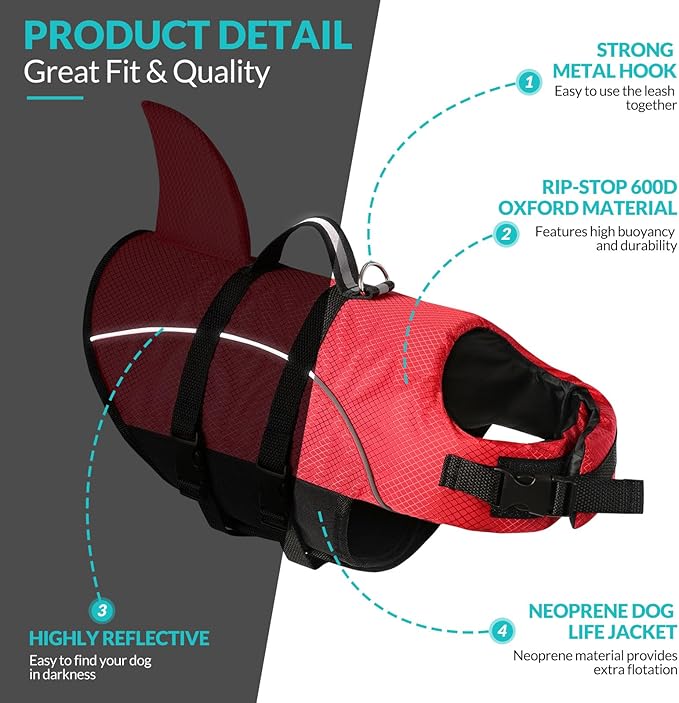 Queenmore Small Dog Life Jacket,Shark Dog Life Vest for Swimming,Puppy Light Life Preserver for Boating Kayaking Canoeing,Pet Reflective Lifesaver with High Buoyancy,Rescue Handle,Leash Hook (Red,L)