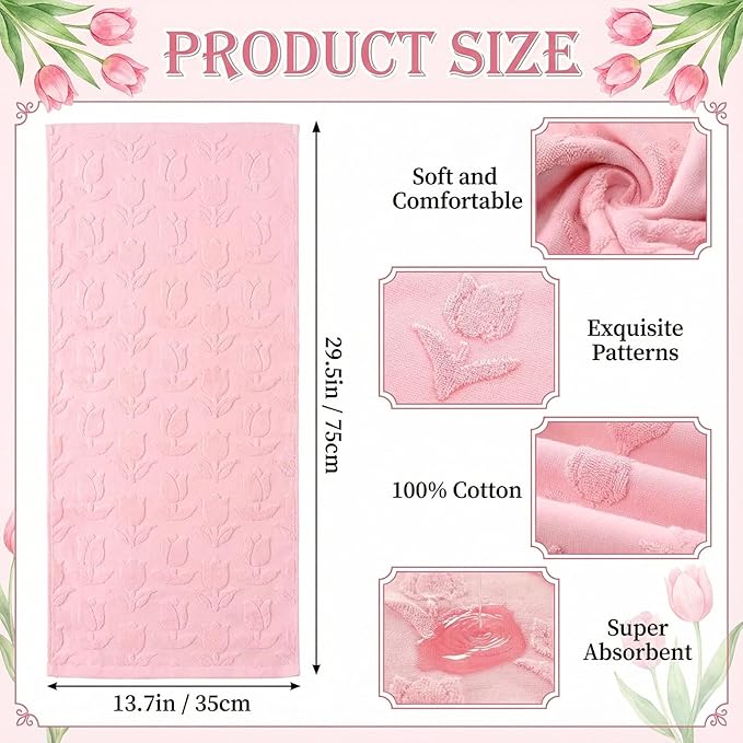 2pcs Pink Tulip Hand Towels for Bathroom Pink Spring Cotton Jacquard Kitchen Bath Hand Towels Set Decorative Weave Floral 3D Kitchen Dish Towel Soft Absorbent Bathroom Towel Home Decor Gift