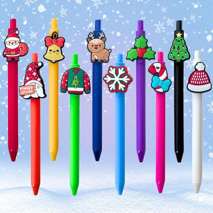 10PC Christmas Charm Pens Cute Fun Silicone Rubber Santa Snowman Reindeer Gingerbread Elf Novelty Pen Desk Accessories Holiday Decorations Xmas Exchange Gift Party Treats Bulk Gifts For Coworkers