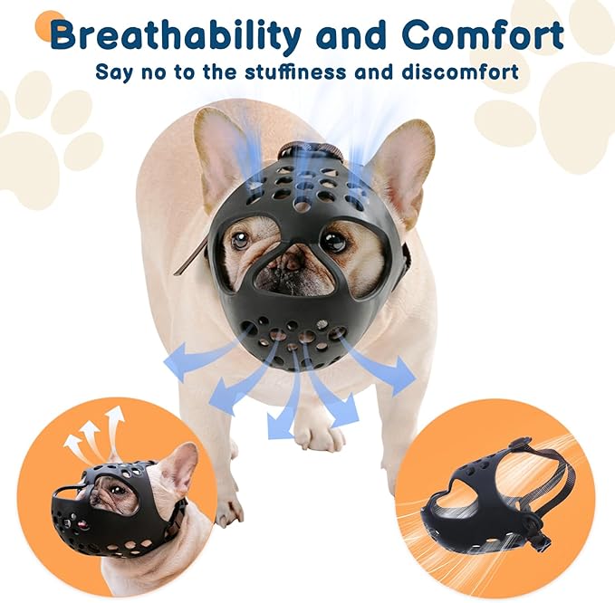 BARKLESS Dog Muzzle for Short Snout, Soft Frenchie Muzzle for Biting, Chewing, Licking for French Bulldogs Boston Terriers, Ideal for Flat-Faced Aggressive Dogs Grooming Walking, Allows Drinking