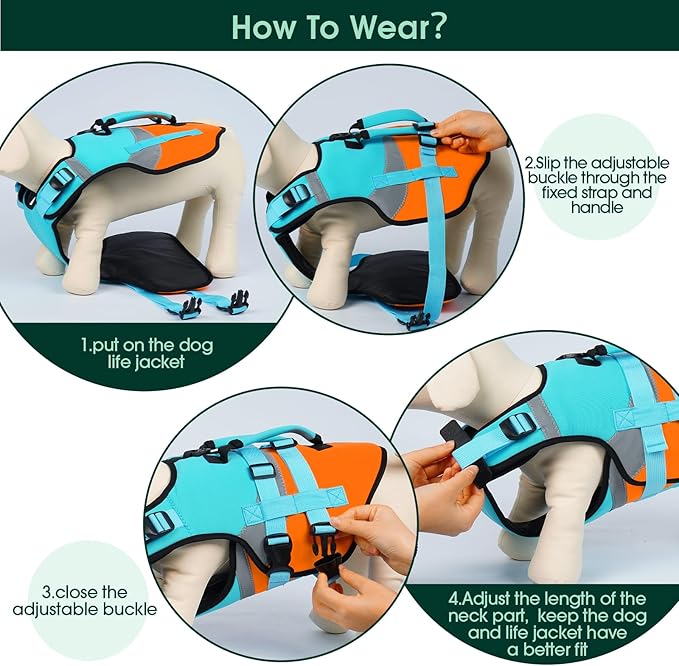 Kuoser Dog Life Jacket with Rescue Handle, High Flotation Dogs Swim Vest with Reflective Strips,Adjustable Dog Life Vest for Swimming, Boating, Pool&Beach, Doggy Lifejacket for Small Medium Large Dogs