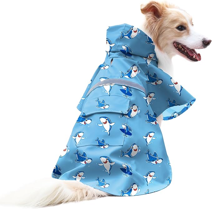DELIFUR Large Dog Raincoat - Waterproof Dog Rain Poncho Adjustable Double Layer Rain Jacket with Hood for Medium Large Dogs Designed with Leash Hole Reflective Strip(Blue Shark, XX-Large)