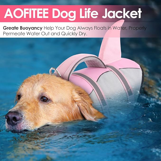 AOFITEE Dog Life Jacket, Dog Life Vest for Swimming, Shark Dogs Swimming Vest with Rescue Handle and Reflective Stripe, Ripstop Pet Float Coat Swimsuit Lifesaver Small Medium Large Dogs Pink XS