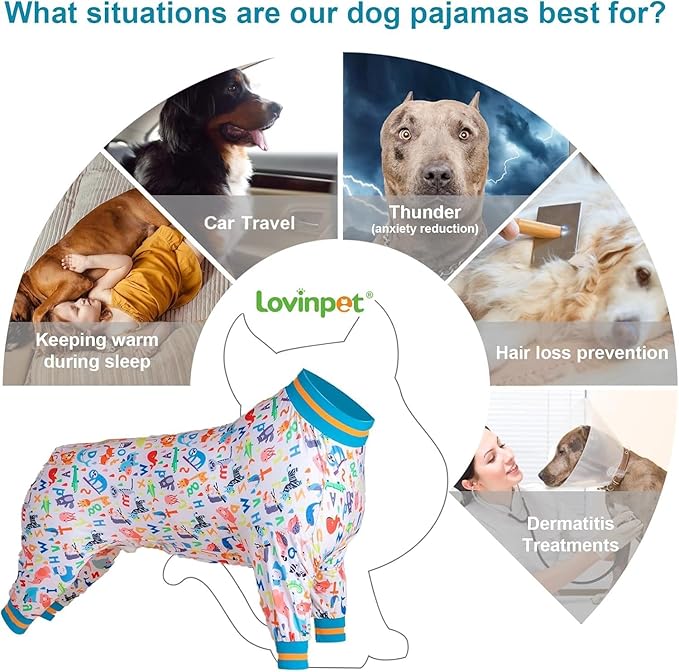 LovinPet Dog Onesie for Surgery Male Large Breed, Undershirt for Pitbull Dog,Lightweight Stretchy Flannel Fabric,White Noah's Ark Alphabet Print,Big Dog Jammies,Uv Protection Shirt,Easy to Wear,2XL