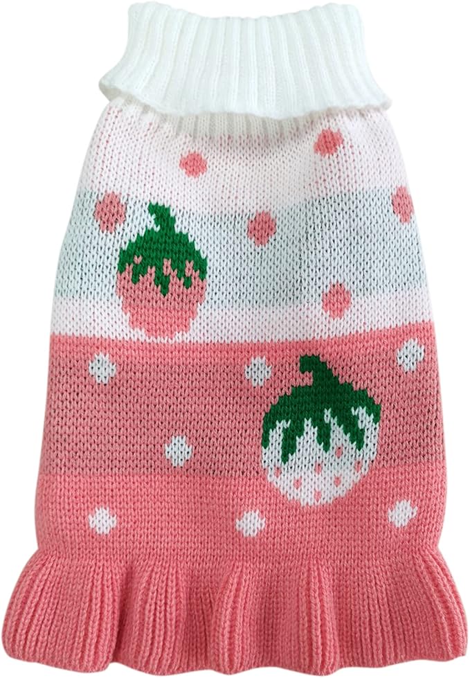 CHBORCHICEN Pet Dog Sweaters Classic Knitwear Turtleneck Winter Warm Puppy Clothing Cute Strawberry and Heart Doggie Sweater (XS, Dress-Pink)