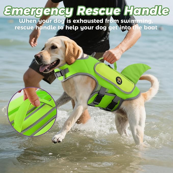 Dog Life Jacket, Shark Dog Life Vest Adjustable Pet Swimming Safety Vest with Superior Buoyancy & Rescue Handle for Small Medium Large Dogs, Swim, Pool, Beach, Boating (LightGreen, X-Small)