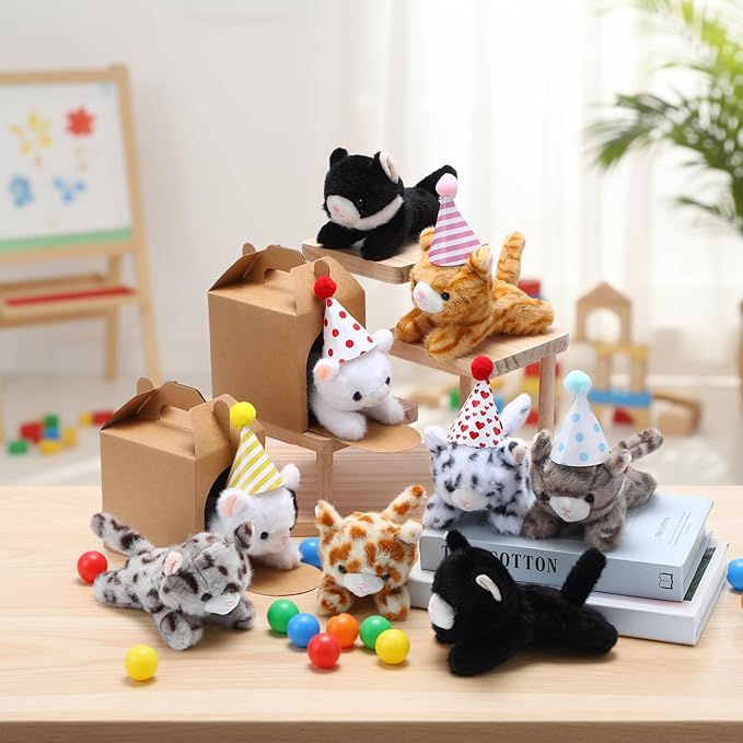 20 Set Cat Stuffed Animals Bulk with Birthday Hats Kraft Paper Boxes Mini Plush Toys Small Stuffed Kittens Adopt Pet Gift for Adoption Event Animal Theme Birthday Party (Lying Cat)