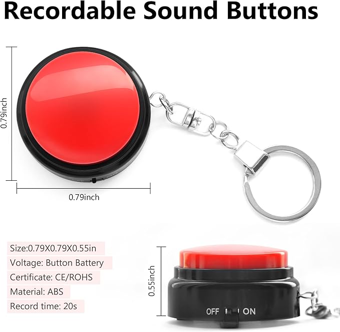 Recordable Talking Button with Keychain, 20s Voice Recording Time Sound Button Answer Buzzers Funny Buttons Record Your Own Words Also Used for Dog Training - Red and Black (Battery Included)