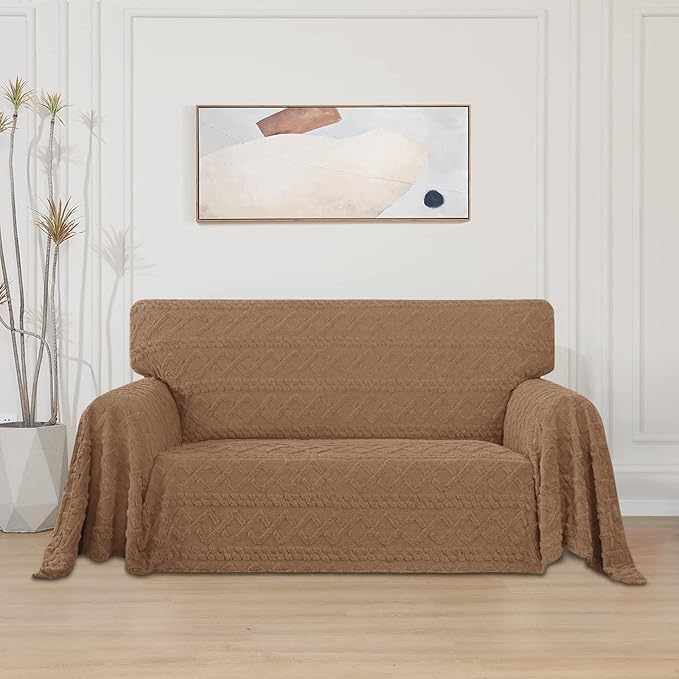 Easy-Going 80X118 inches Loveseat Sofa Cover, Jacquard Velvet Couch Slipcover for 2 Cushion Couch, L Shape Sectional Covers for Dogs, Washable Sofa Blanket, Furniture Protector for Pets, Camel