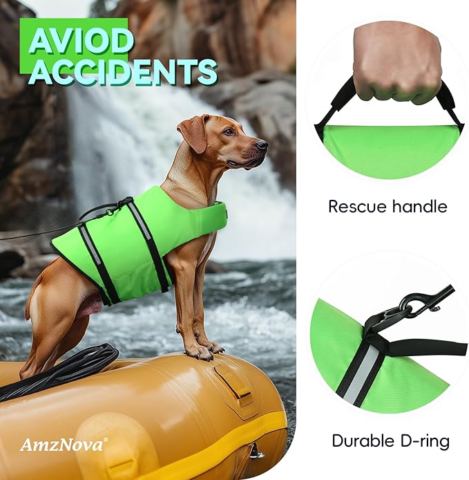 AMZNOVA Rip Stop Dog Life Jacket, Dog Life Vest for Swimming & Boating, Lightweight & Buoyancy for Doggy Puppy, Lifejacket with Handle, M, Bright Green