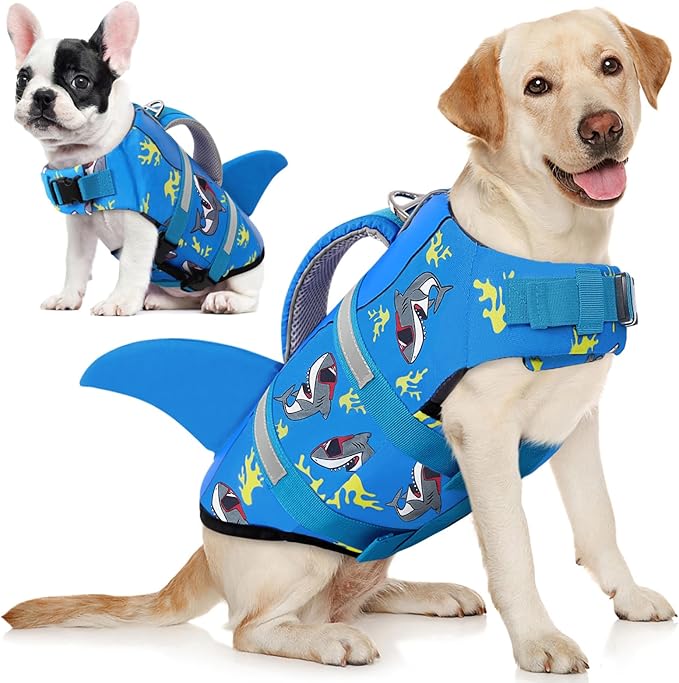 AOFITEE Dog Life Jacket, Shark Dog Life Vest for Swimming Boating, High Flotation Pet Lifesaver with Rescue Handle, Reflective French Bulldog Lifejacket, Swim Vest for Small Medium Large Dogs, M