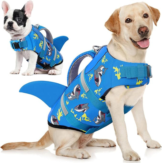 AOFITEE Dog Life Jacket, Dog Life Vest for Swimming, High Flotation Large Dogs Swim Vest with Rescue Handle and Reflective Stripe, Dogs Lifesaver Swimsuit for Boating Summer Pool Beach, Blue Shark XL