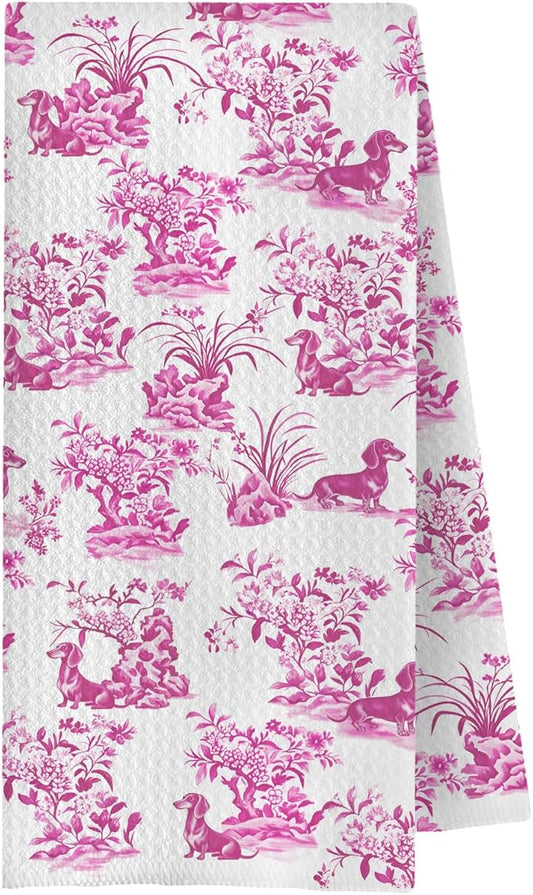 Pink Chinoiserie Dachshund Kitchen Towels, Pink Weiner Dog Gifts for Women Dish Tea Towels for Kitchen Decor, Grand Millenial Floral Dog Decorative Hand Towels for Bathroom, 16x24 Inches