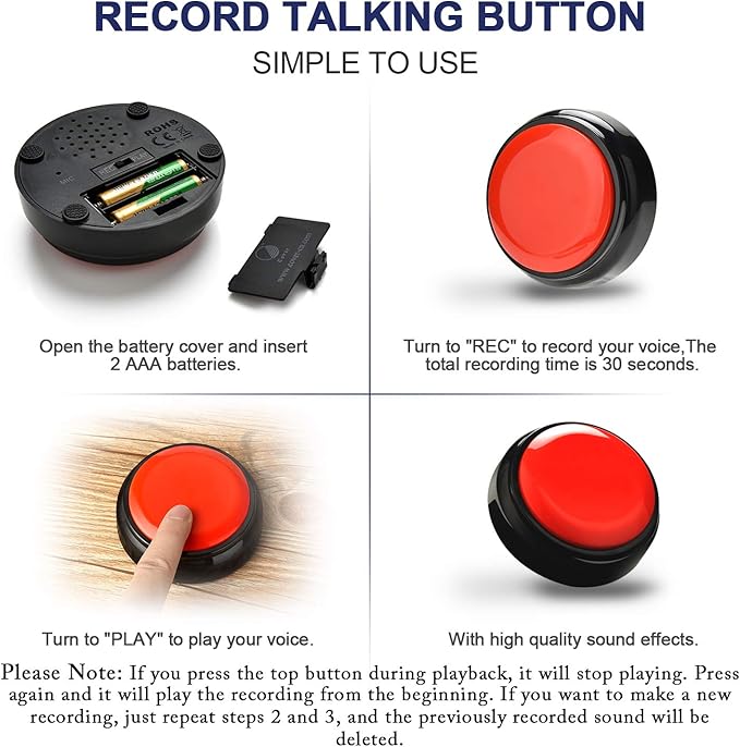 Record Talking Button Easy Button Recording Voice Button Funny OfficeToys Multifunctional Dog Buttons Talk for Communication-Classroom-Friendly Recordable Sound Buttons Buzzer Button（Black+Red