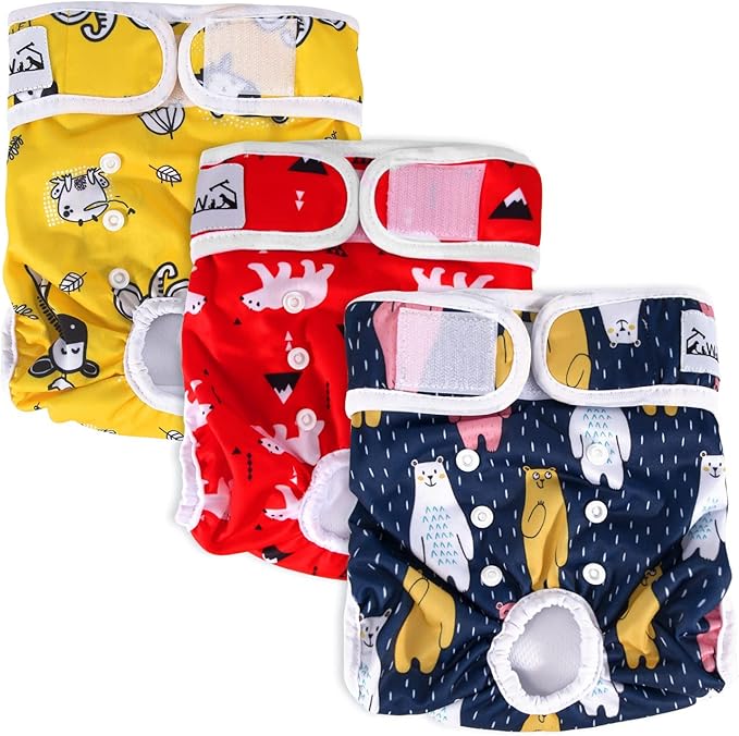 SlowTon Washable Dog Diapers Female - 3 Pack No Leak Reusable Doggie Puppy Diaper with Adjustable Buttons, Comfortable Female Dog Diapers for Heat Cycle Period Small Medium Large Dogs (S)