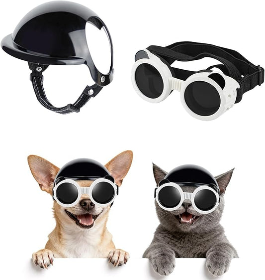 Extra Small Dog Helmet with Cute Dog Goggles, Protects Eyes & Head from Impact, Ideal for Puppy Riding/Outdoor Activities/Halloween Cosplay, White