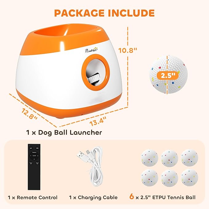 PawHut Automatic Dog Ball Launcher, Rechargeable Dog Ball Thrower with Remote Control, 3 Adjustable Distance (40ft/60ft/80ft), 6 ETPU Tennis Fetch Toys 2.5", Low Noise, for Medium Large Breeds, Orange